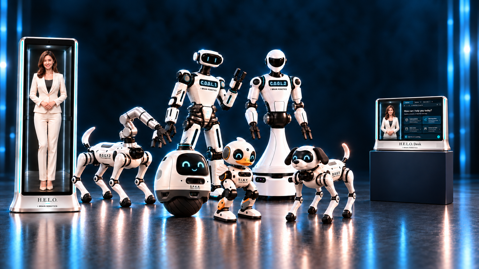 The I Brain Robotics family: full-height H.E.L.O., H.E.L.O. Desk, C.O.O.L. 1, C.O.O.L. 2, T.I.N.Y., D.O.G.Y., D.O.G.Y. 2 and S.P.K.R.
