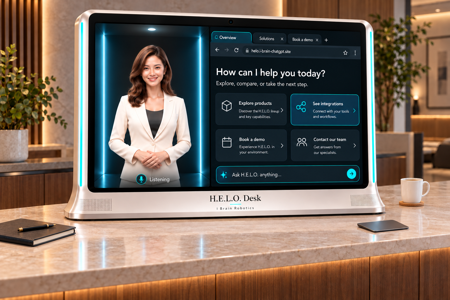 H.E.L.O. Desk on a reception counter, with a waist-up presenter and interactive workspace side by side